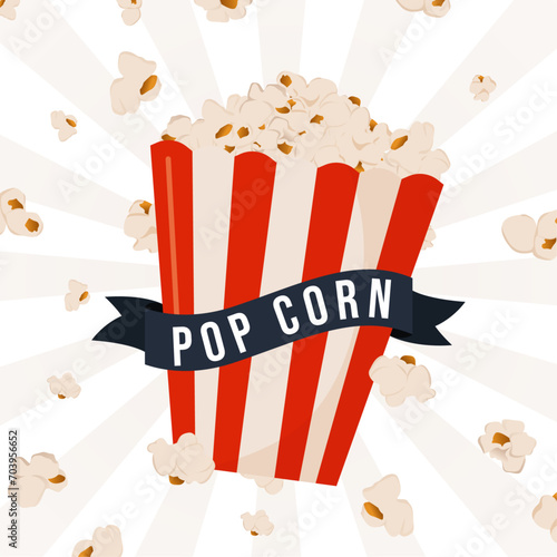 Illustration de Pop Corn dans un paquet rouge et beige - Vecteur éditable autour de grains de popcorn qui volent - Titre modifiable, bandeau bleu - Arrière-plan festif pour le cinéma ou une soirée
