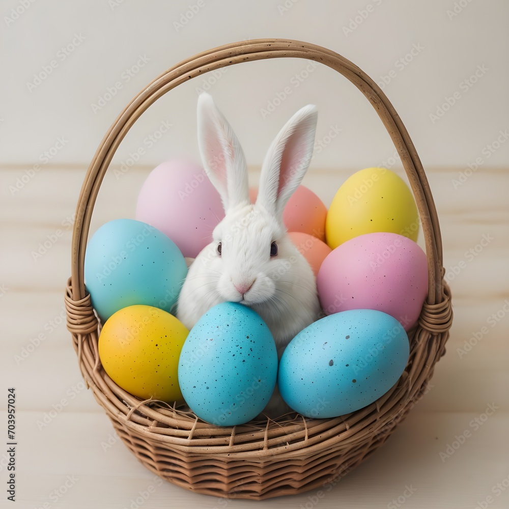 A cute Easter bunny in a basket of colorful Easter eggs: Easter background, copy space for text