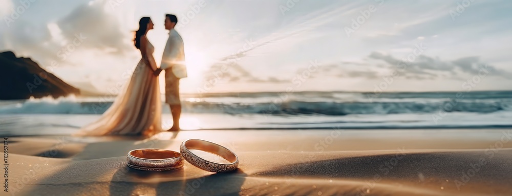 custom made wallpaper toronto digitalA couple on a beach with wedding rings in the foreground signifies enduring love. Ocean horizon glows, bride and groom silhouettes speak of romantic commitment. Valentine's day background.