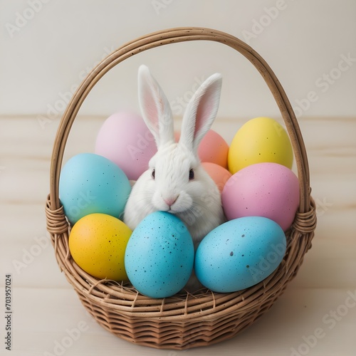 A cute Easter bunny in a basket of colorful Easter eggs  Easter background  copy space for text