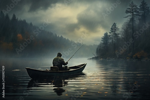 Lonely fisherman on a lake in dark gloomy weather against the backdrop of a mountain forest photo