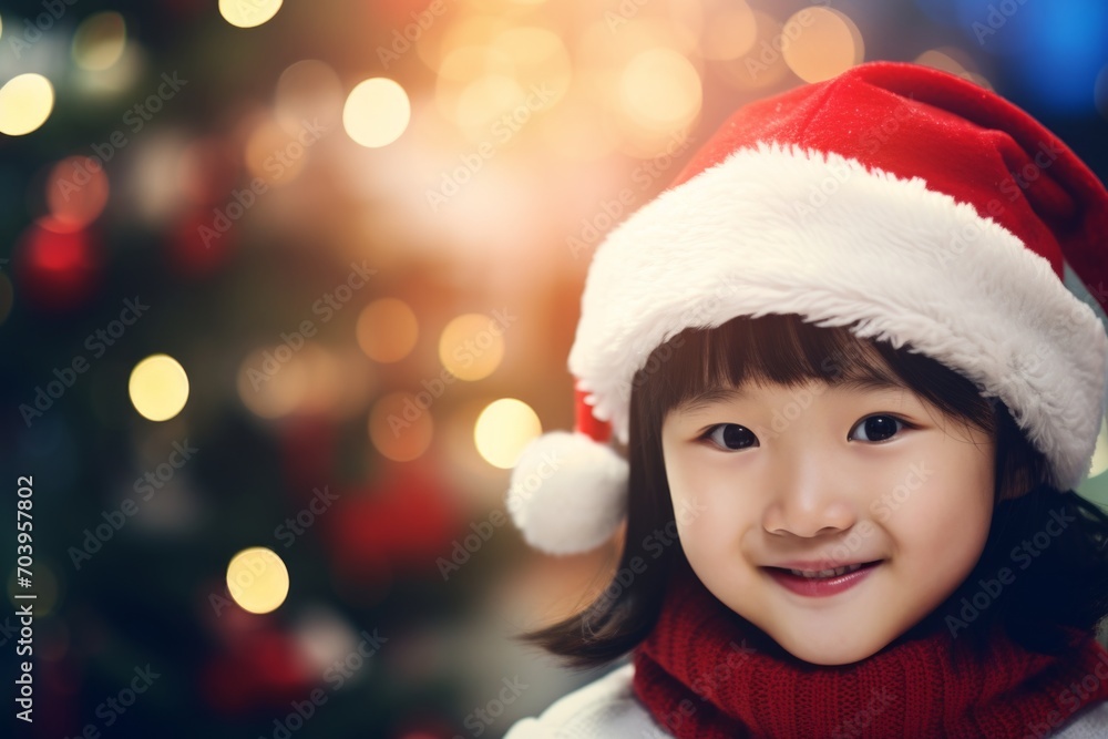 A asian girl in a Santa hat against the background of a Christmas tree and Christmas lights A asian girl in a Santa hat against the background of a Christmas tree and Christmas lights
