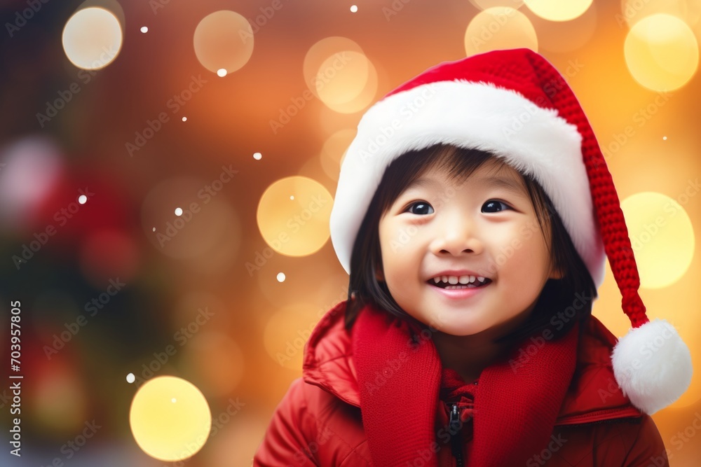 A asian girl in a Santa hat against the background of a Christmas tree and Christmas lights A asian girl in a Santa hat against the background of a Christmas tree and Christmas lights