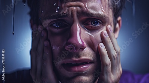 Emotional Scene of a man Crying In Shower on a Minimal Gradient Studio Background