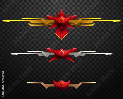 Fantasy Red Game Level Rank Badges with Gold, Silver and Bronze Borders for Game UI Designs photo