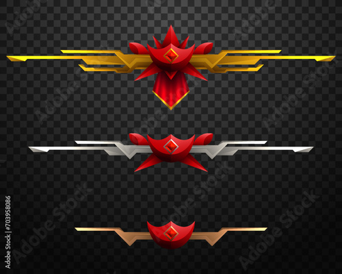 Fantasy Red Game Level Rank Badges with Gold, Silver and Bronze Borders for Game UI Designs
