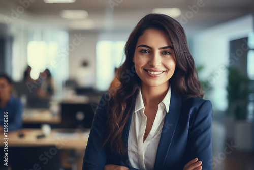The essence of a successful career with this portrait of a beautiful young businesswoman, exuding confidence and elegance in a modern office.