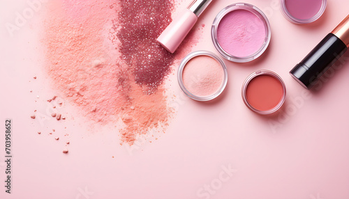 many cosmetics products for makeup on pink pastel background