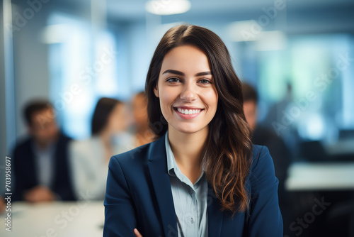 Depicts the ambition and style of a young professional woman, confidently participating in a corporate meeting with a radiant smile.
