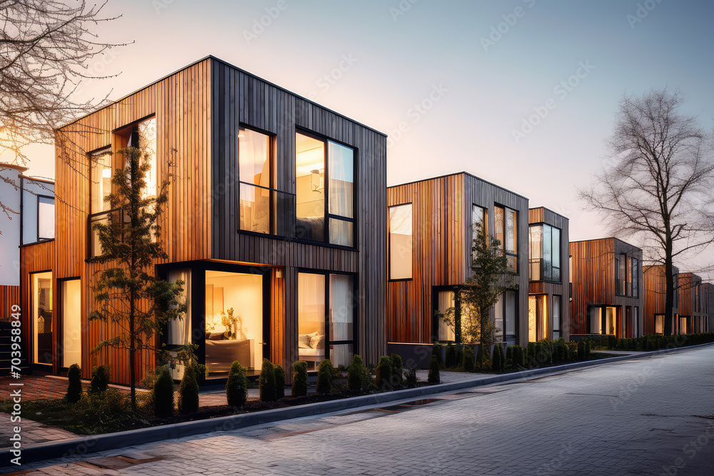 The sleek design of modern modular townhouses, featuring sophisticated wooden cladding, perfect for contemporary urban living.