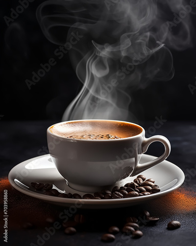 Close up white coffee cup With Beans On Vintage Table, coffee beans in a sack.