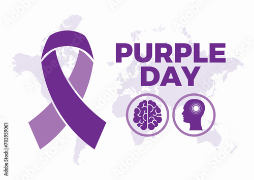 Purple Day for epilepsy awareness poster vector illustration. Purple epilepsy awareness ribbon, human brain and head silhouette round icon set vector. March 26. Important day