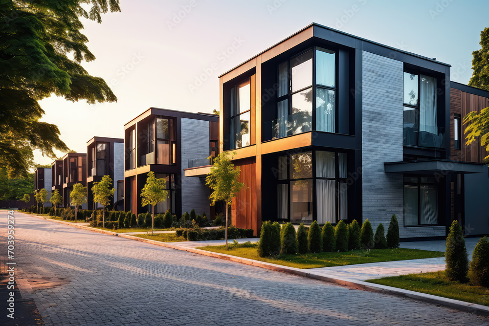 Modern residential architecture, showcasing sleek, minimalist townhouses set in vibrant urban landscapes. Perfect blend of luxury and simplicity.