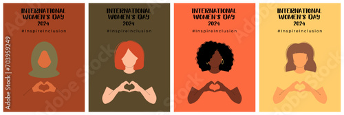 International Women s Day set posters. 8 march. Campaign 2024 inspireinclusion. Diverse race group of women hands gesture as heart shape to stop gender discrimination. Flat vector illustration photo