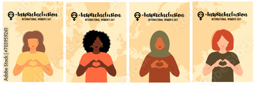 International Women s Day set posters. 8 march. Campaign 2024 inspireinclusion. Diverse race group of women hands gesture as heart shape to stop gender discrimination. Flat vector illustration