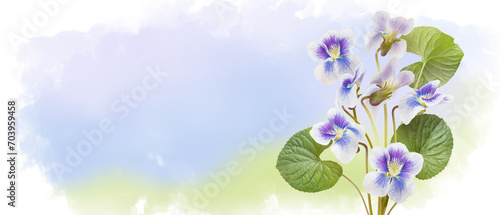 Blooming blue flowers on watercolor sky. Photo collage. Sping purple pansy blossom flowers flying on background of drawn landscape. Spring concept horizontal banner with copy space. Place for a text photo