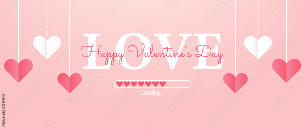Poster or banner Happy Valentine's day. Love loading.  Background for sale with hanging hearts.Happy Valentine's day header or voucher template with hanging hearts.
