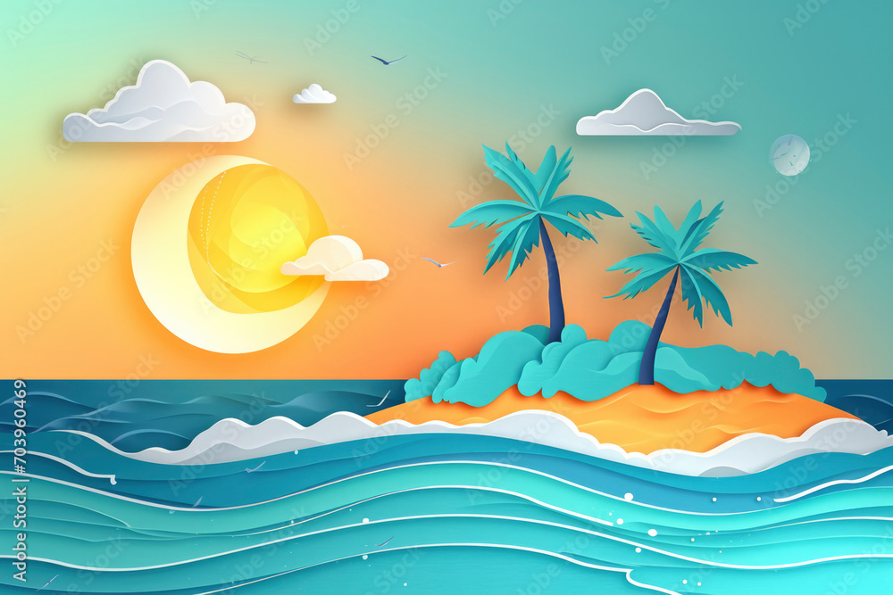 Summer sea beach vector. Travel paper cut art poster. Tropical holiday vacation background. Origami island with palm tree,