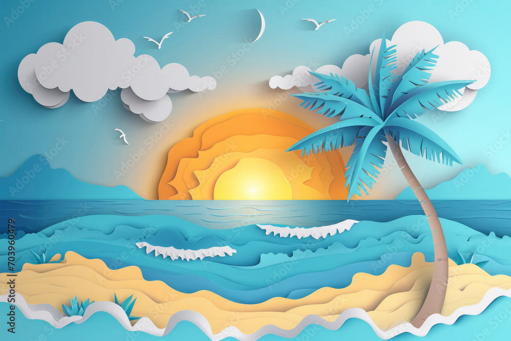 Summer sea beach vector. Travel paper cut art poster. Tropical holiday vacation background. Origami island with palm tree,