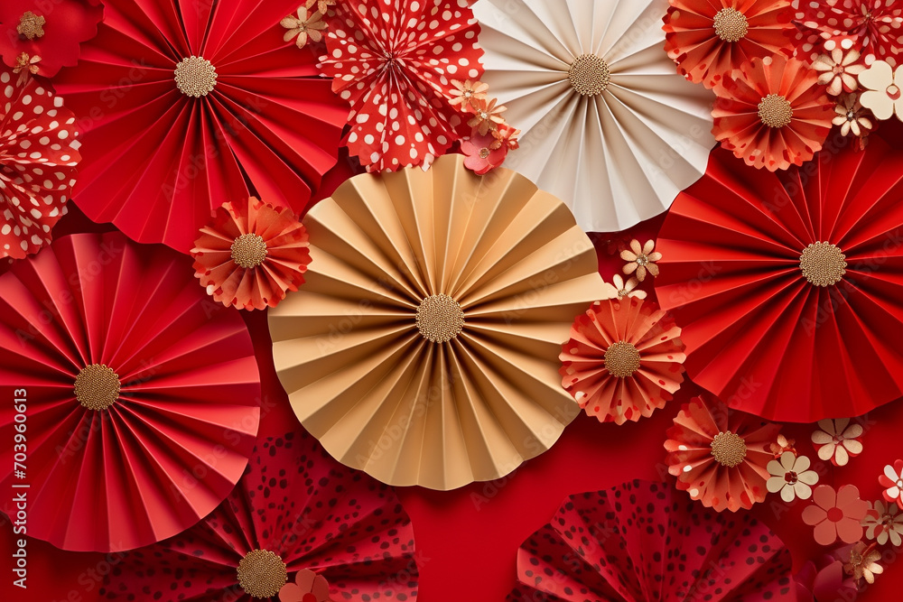 Red, gold paper fan decoration background for Chinese lunar new year 