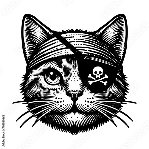 cat wearing pirate eye patch with a skull illustration