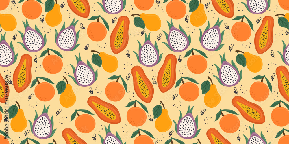 Pattern of exotic fruits. Dragonfruit, papaya, orange, pear. Light background and seamless pattern. For printing on notebooks, pillows, packaging, seamless material, textiles. Pattern of exotic fruits. Dragonfruit, papaya, orange, pear. Light background and seamless pattern. For printing on notebooks, pillows, packaging, seamless material, textiles.