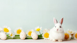 Cute Easter bunny with eggs and flowers on light blue backgound