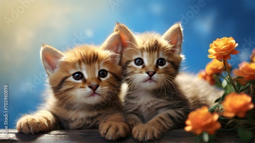 Cute little kittens with flowers on color background, close-up