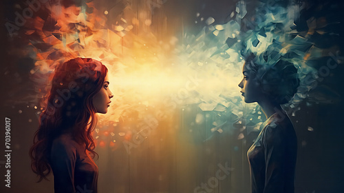 Two people communicate with thoughts without words. Telepathy. photo