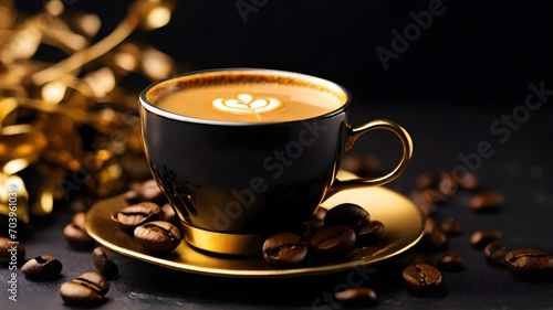 Coffee cup and coffee beans on a black background. Copy space.