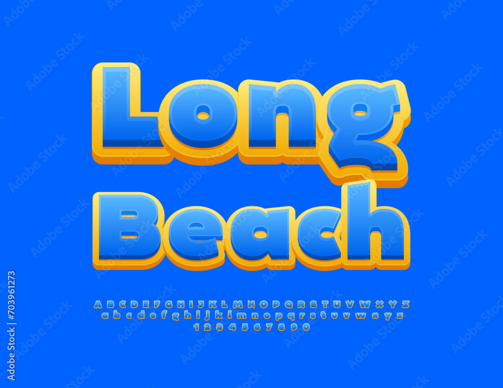 Vector travel sign Long Beach. Creative Blue Font. Artistic Alphabet Letters and Numbers set.