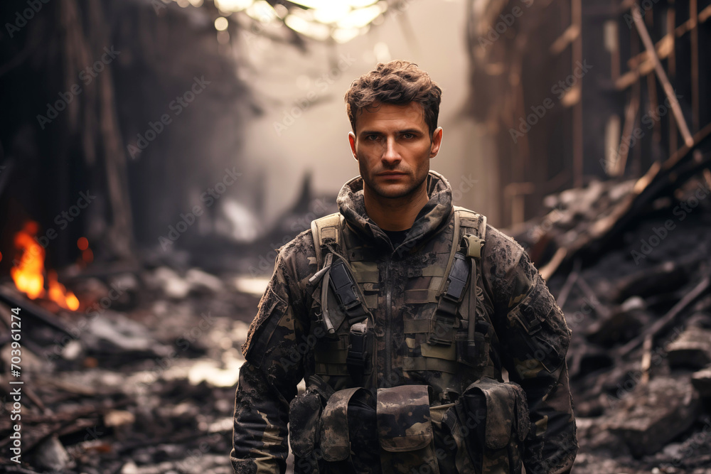 Military Man in a Destroyed Building