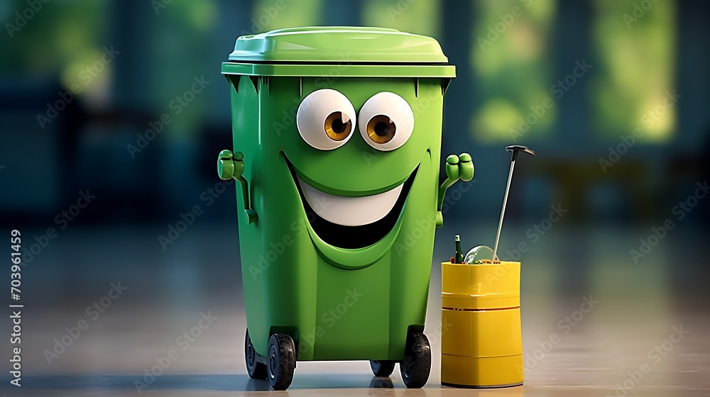 Smiling green trash bin with bucket and paint roller. 3D rendering - obrazy, fototapety, plakaty 