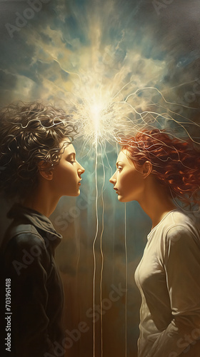 Two people communicate with thoughts without words. Telepathy.