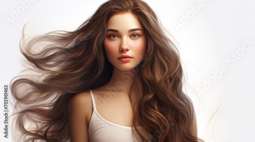 Portrait of a beautiful young teenager woman stylish long hair isolated on white background. 
