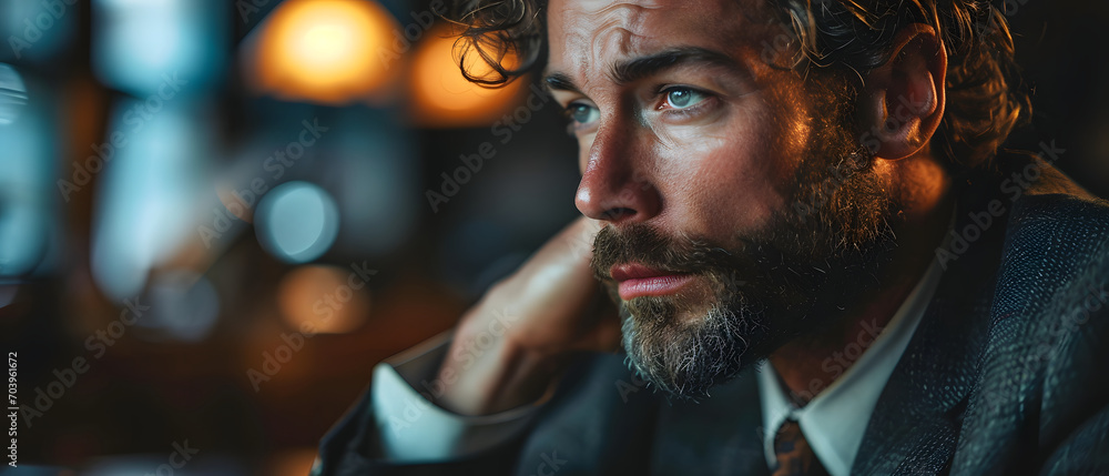 A close-up photograph taken with a wide-angle lens of a man with a contemplative expression on his face. A close-up photograph taken with a wide-angle lens of a man with a contemplative expression on his face.