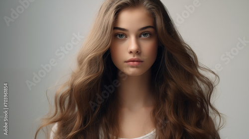 Portrait of a beautiful young teenager woman stylish long hair isolated on white background. 