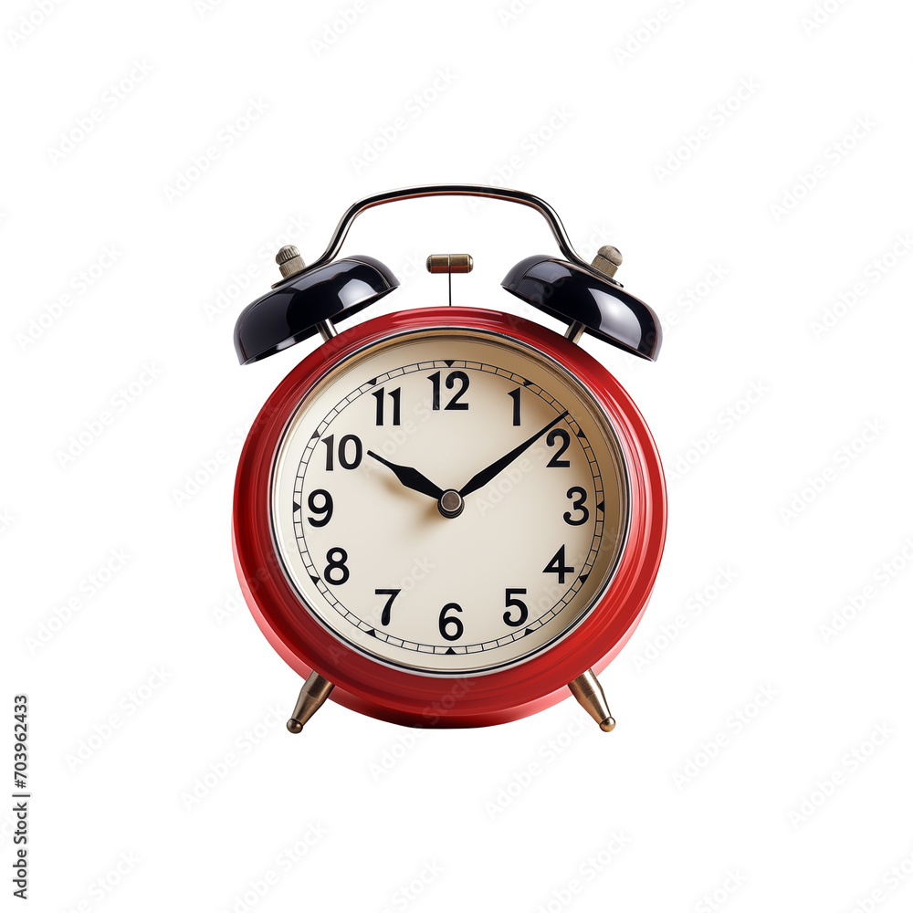 Red alarm clock in retro style isolated on a transparent background. PNG file. Red alarm clock in retro style isolated on a transparent background. PNG file.