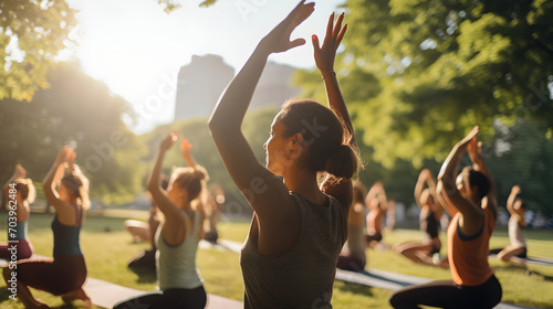 A group of people participating in a summer yoga class in a park