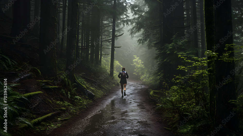 Female Athlete doing forest trail in the rain