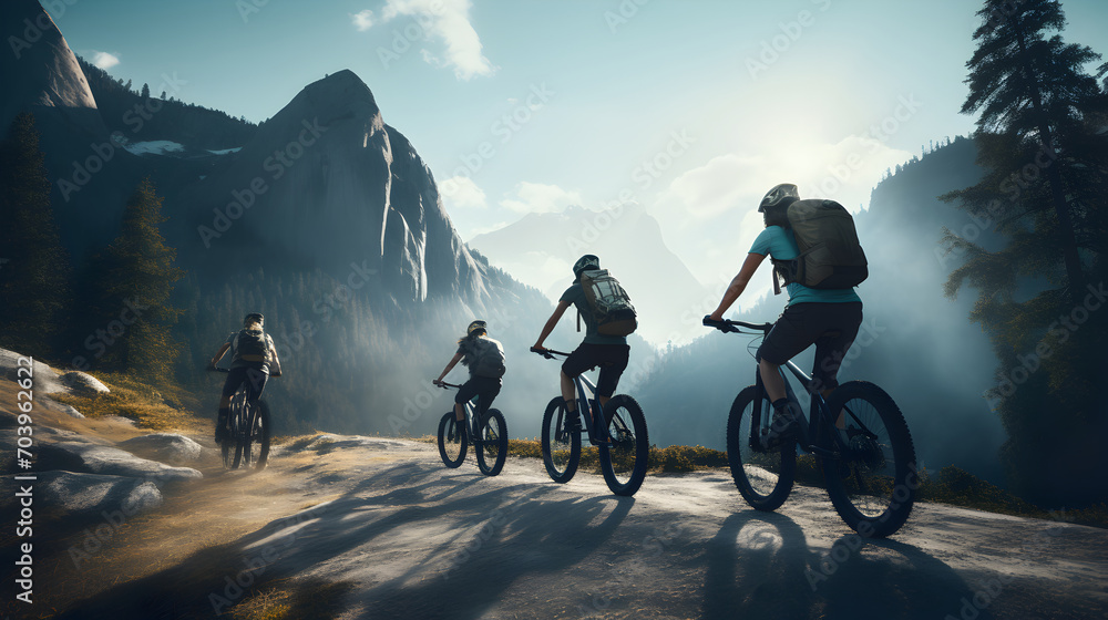 Four friends on electric bicycles enjoying a scenic ride in beautiful mountains