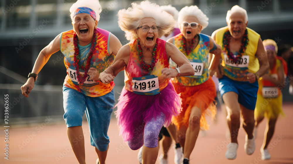 Group of elderly people filled with joy and energy running on athletic track