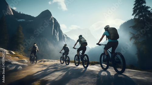Four friends on electric bicycles enjoying a scenic ride in beautiful mountains