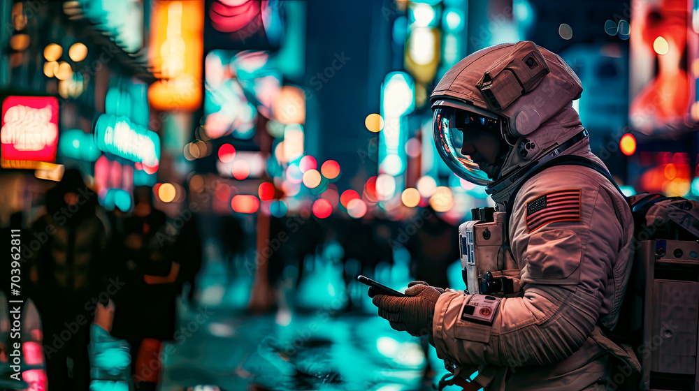 Urban Astronaut: Nighttime Exploration in New York, Astronaut Checking Phone with City Lights in the Background