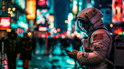 Urban Astronaut: Nighttime Exploration in New York, Astronaut Checking Phone with City Lights in the Background