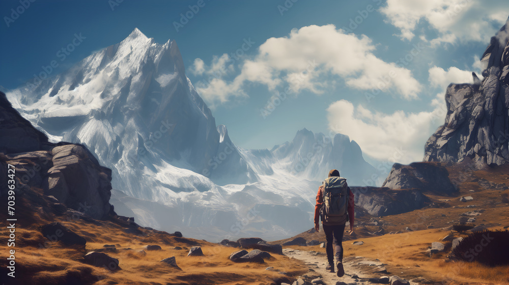 Hiker walking to mountains, success concept