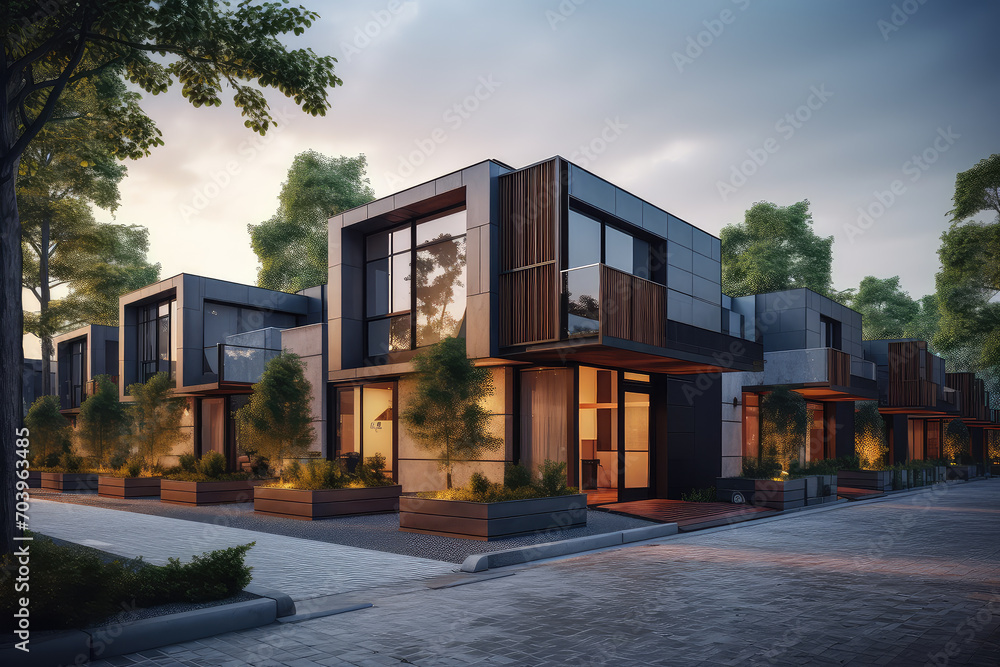The sophisticated of urban housing through this view of chic, minimalist modular townhouses with a refined exterior.
