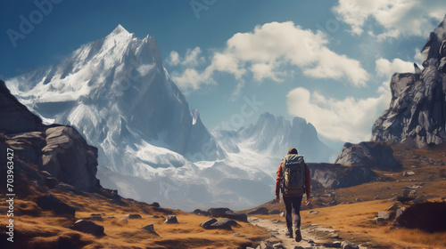 Hiker walking to mountains, success concept