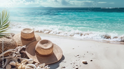 Straw hats on sandy beach with turquoise sea