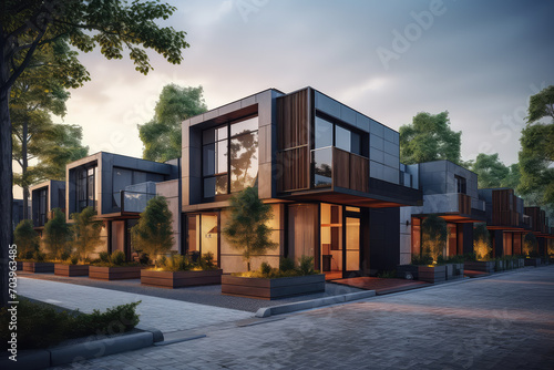 The sophisticated of urban housing through this view of chic, minimalist modular townhouses with a refined exterior.
